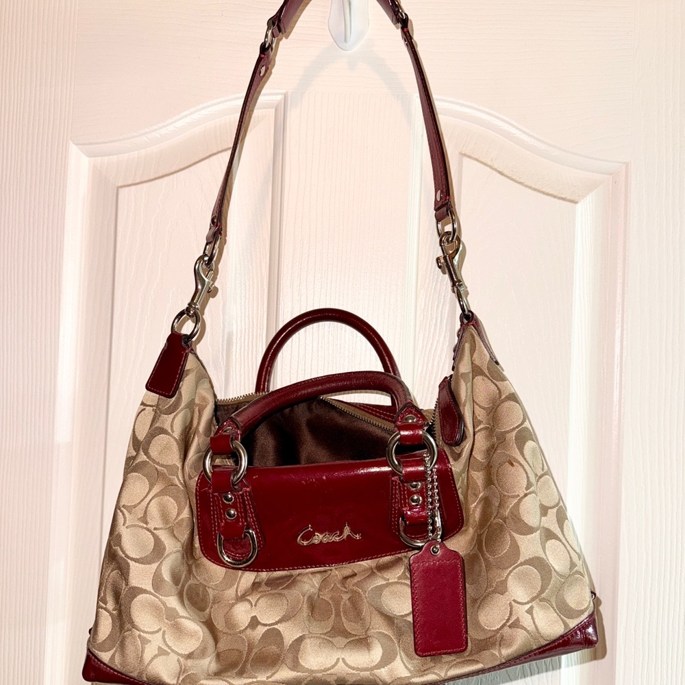 Coach Signature Canvas Shoulder Bag - Burgundy and Tan